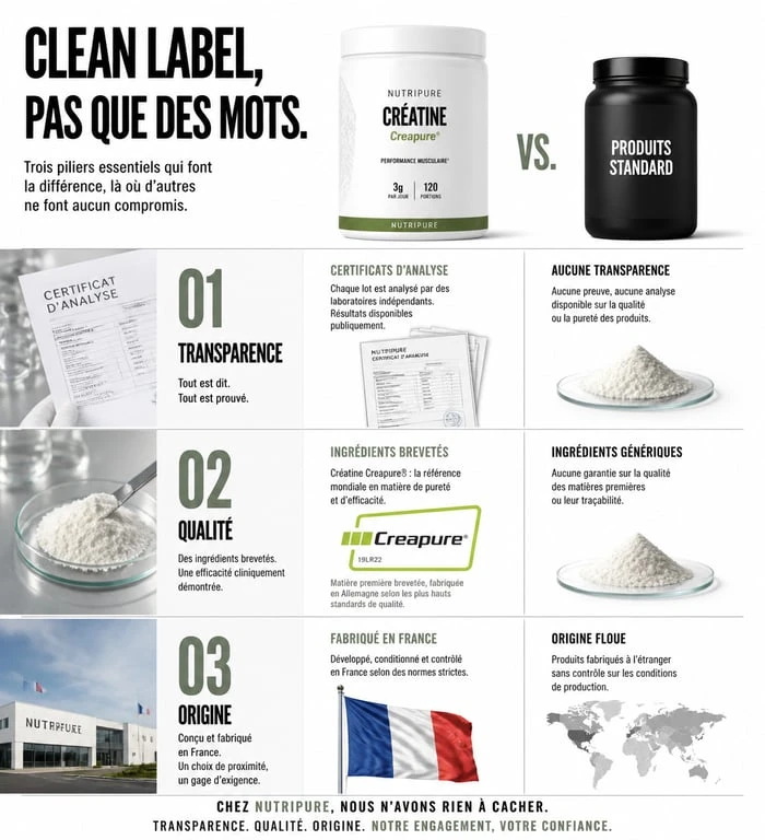 Infographie comparative des avantages de Pure AM Nutrition : transparence, ingrédients brevetés et fabrication française pour un avis éclairé sur la marque.