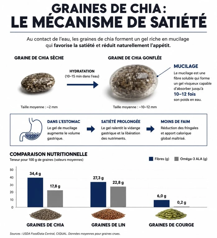 Infographie sur les bienfaits des graines de chia pour la perte de poids : comparaison nutritionnelle et mécanisme de satiété.