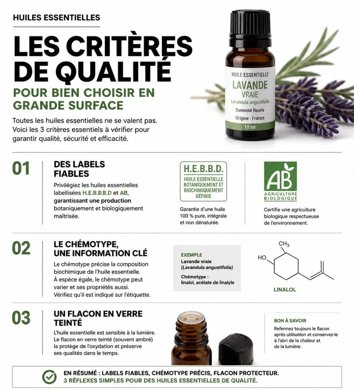 Infographie des critères de qualité pour acheter des huiles essentielles en grande surface : labels et chémotype