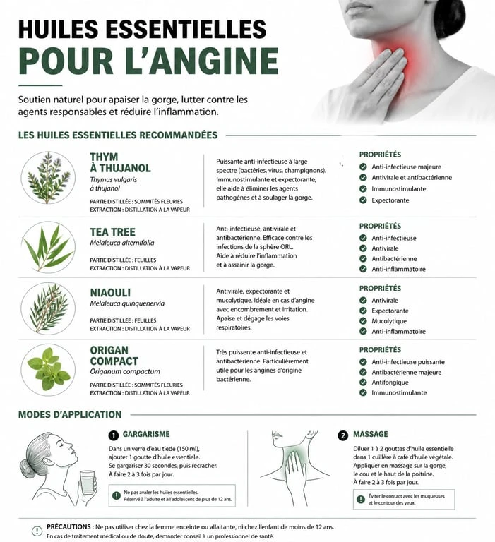 Infographie des huiles essentielles pour soulager une angine