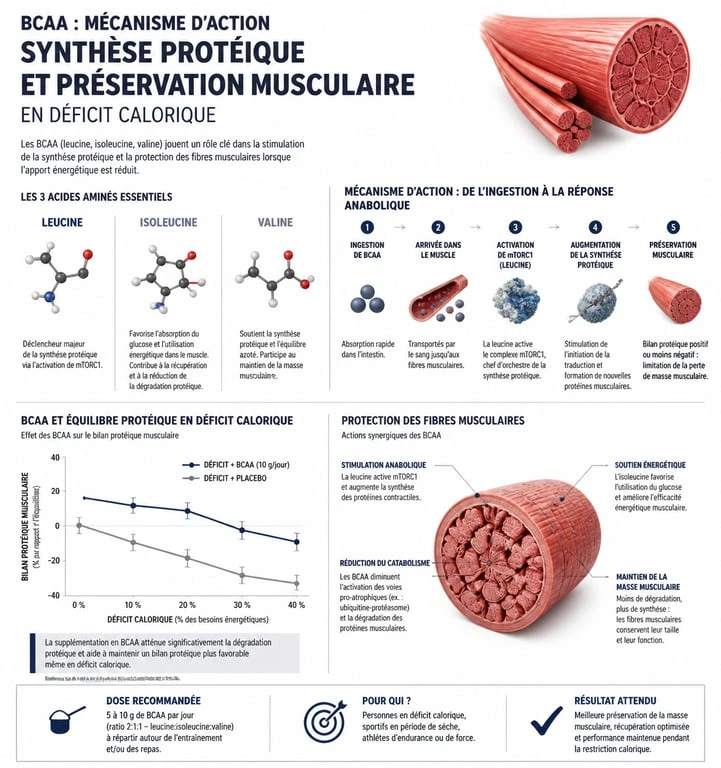 Infographie expliquant les bienfaits des BCAA pour la perte de poids et la préservation musculaire