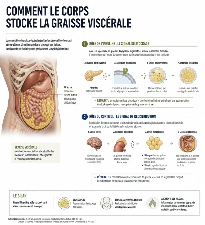 Infographie expliquant les mécanismes de stockage de la graisse abdominale et comment maigrir du ventre