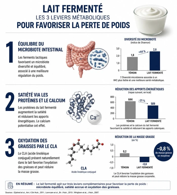 Infographie sur les bienfaits du lait fermenté et la perte de poids, illustrant les mécanismes probiotiques et métaboliques.