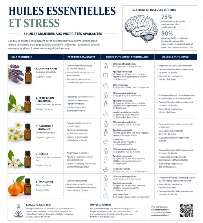 Infographie des huiles essentielles pour le stress et l'anxiété : propriétés et modes d'utilisation