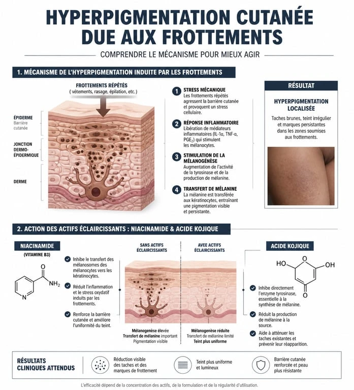 Infographie expliquant le mécanisme de l'hyperpigmentation des zones intimes et l'action des crèmes éclaircissantes en pharmacie