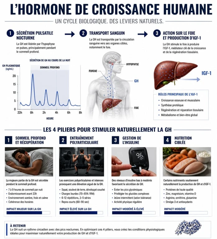 Infographie sur les mécanismes de stimulation naturelle de l'hormone de croissance pour la musculation