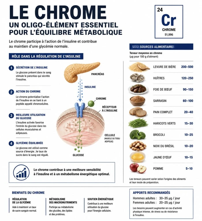Infographie sur les bienfaits du chrome et les aliments riches en chrome pour la santé