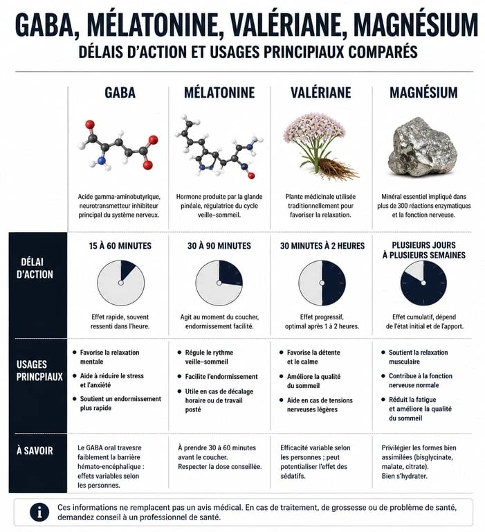 Infographie comparative des délais d'action du GABA, mélatonine, valériane et magnésium pour le sommeil et le stress