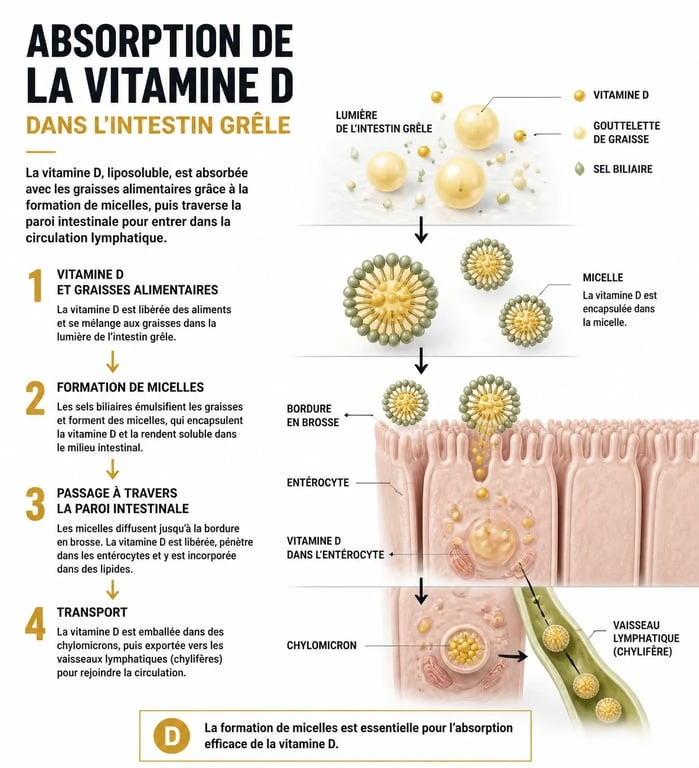 Schéma illustrant l'absorption de la vitamine D avec des graisses alimentaires pour optimiser son efficacité.