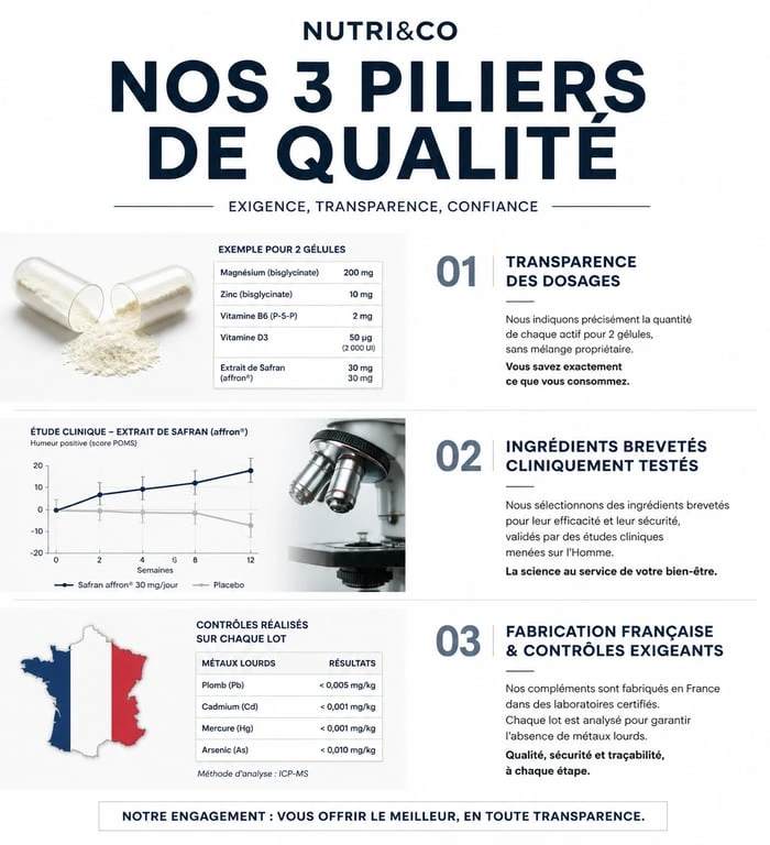 Infographie sur les piliers de qualité et transparence des compléments alimentaires Nutri&Co