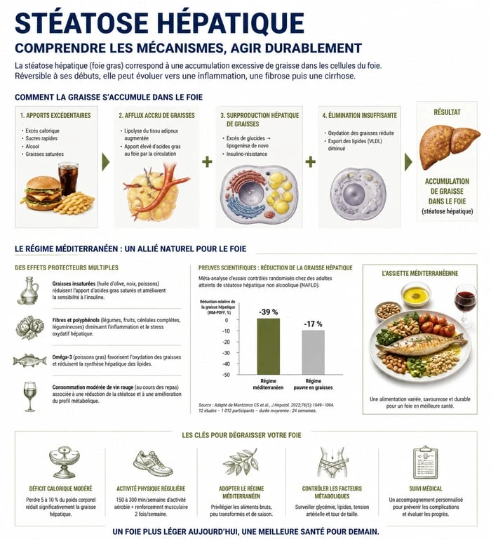 Infographie sur les méthodes pour éliminer la graisse du foie et améliorer la santé hépatique.