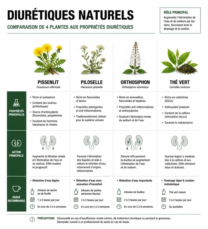 Infographie comparative des plantes diurétiques naturelles les plus puissantes pour la santé