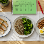Tableau glucide lipide proteine avec assiettes aliments