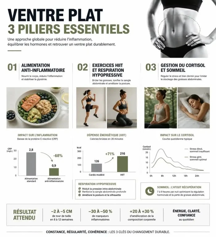 Infographie des trois piliers pour perdre du ventre en 1 semaine : alimentation, sport et hygiène de vie