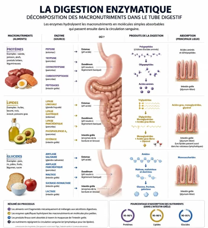 Schéma explicatif du rôle des enzymes digestives dans la décomposition des aliments et les symptômes de carence