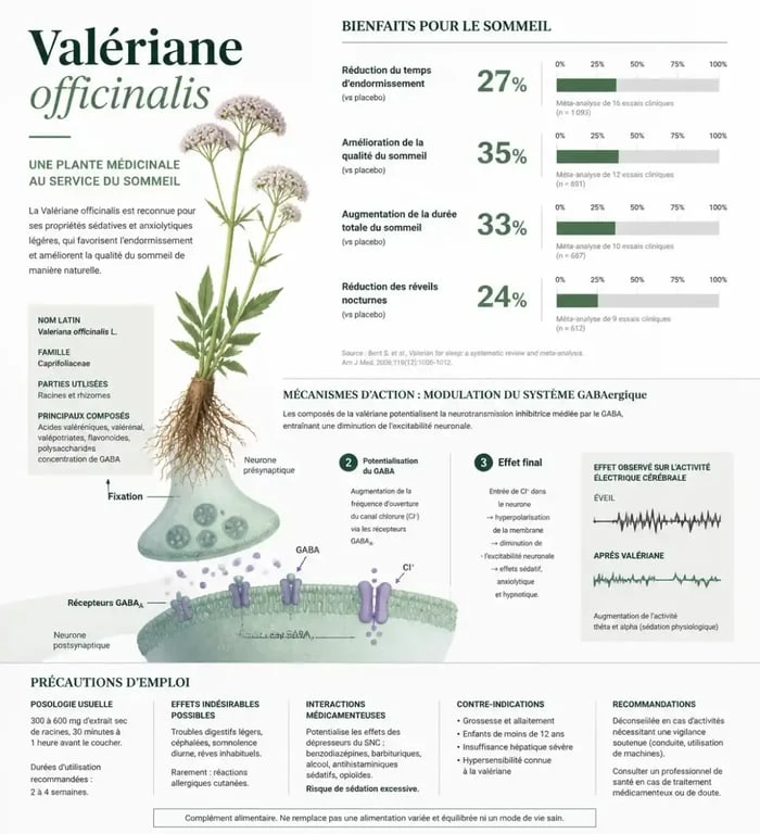 Infographie sur les bienfaits et effets secondaires de la valériane pour le sommeil et l'anxiété