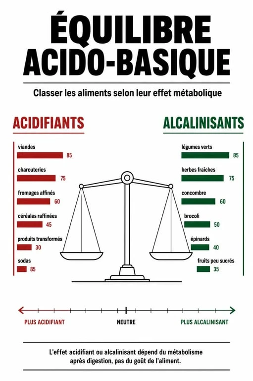 Infographie sur l'équilibre acido-basique et les aliments à éviter pour limiter l'acide lactique