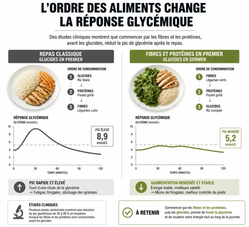 Infographie montrant comment faire baisser la glycémie en changeant l'ordre des aliments dans l'assiette