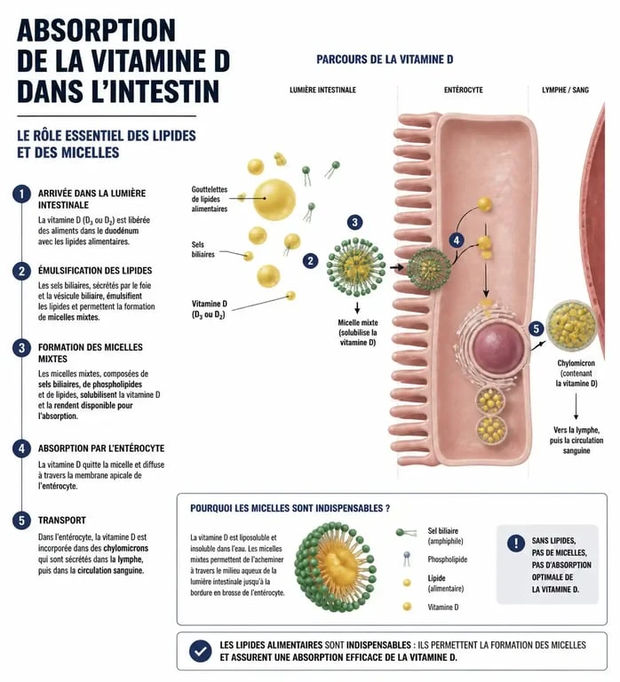 Infographie expliquant l'importance des lipides pour l'absorption de la vitamine D le soir ou au cours d'un repas.