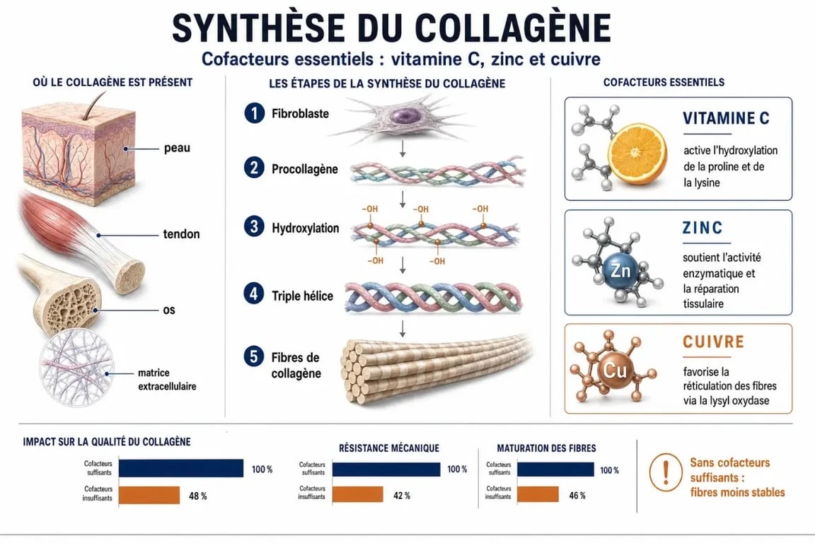 Infographie sur les aliments riches en collagène et les nutriments essentiels pour stimuler sa production naturelle