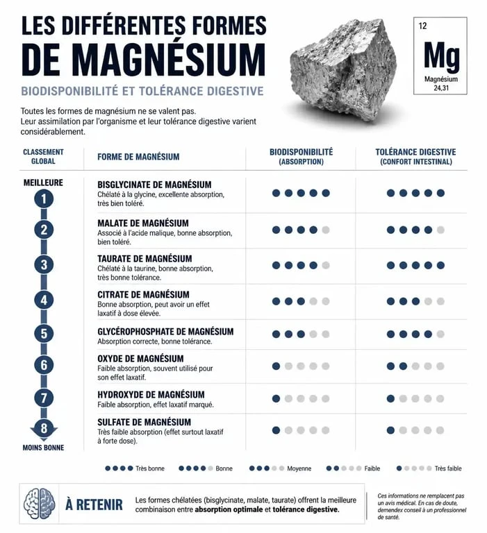 Infographie comparative des formes de magnésium et leur biodisponibilité pour une supplémentation efficace
