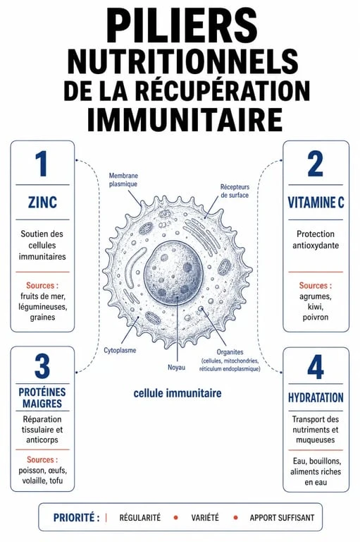Infographie sur les aliments à privilégier pour renforcer le système immunitaire et favoriser la récupération en cas de maladie