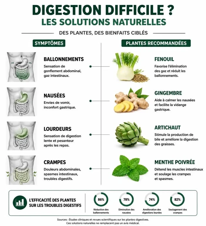 Infographie des solutions naturelles pour l'aide pour la digestion : plantes et symptômes associés