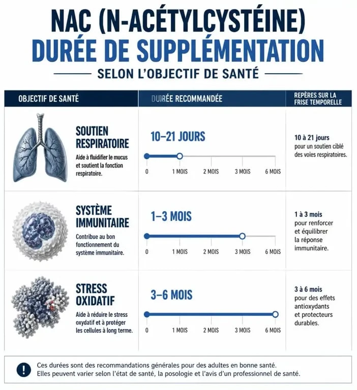 Infographie des durées de cure de NAC selon les objectifs de santé : soutien respiratoire, immunité et stress oxydatif.