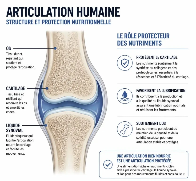 Schéma explicatif du fonctionnement de l'articulation et du rôle des médicaments pour les articulations et le cartilage