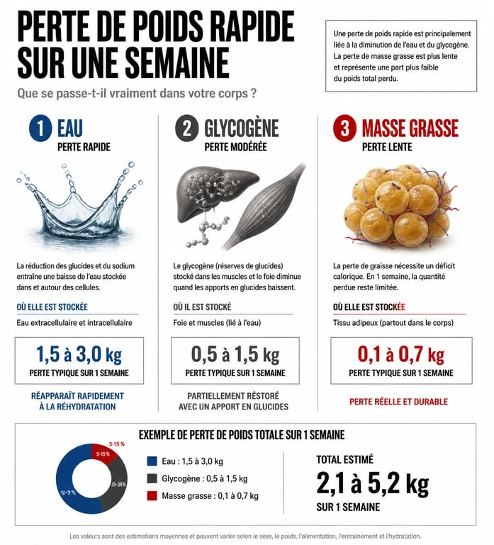 Infographie sur les mécanismes de la perte de 3 kg par semaine et la réalité de la perte de poids rapide.