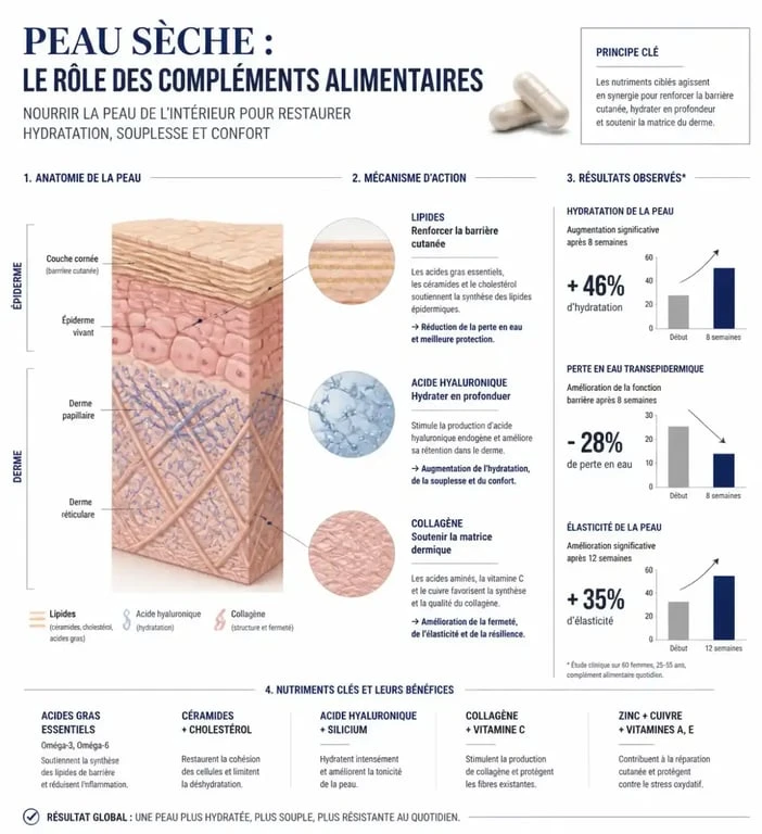 Infographie expliquant le mécanisme d'action des compléments alimentaires pour peau sèche et leur rôle sur la barrière cutanée.
