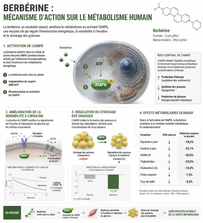 Infographie expliquant le mécanisme d'action de la berbérine pour la perte de poids et l'activation de l'AMPK