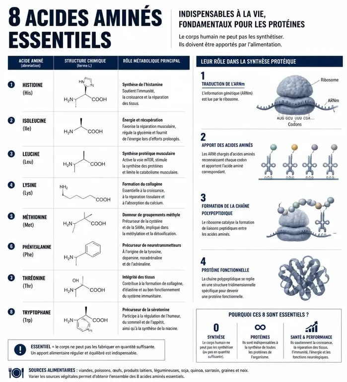 Infographie sur les 8 acides aminés essentiels et leur rôle dans la santé