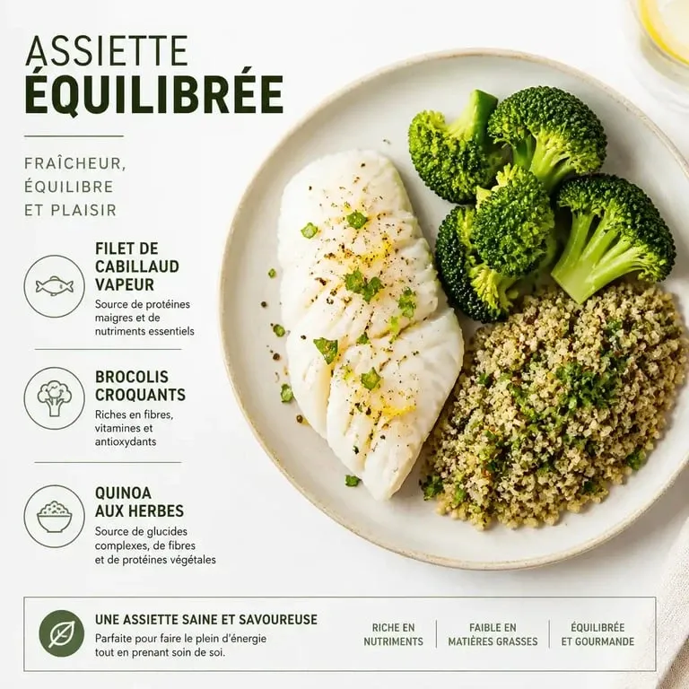 Menu semaine sans graisse : assiette équilibrée avec poisson vapeur et légumes