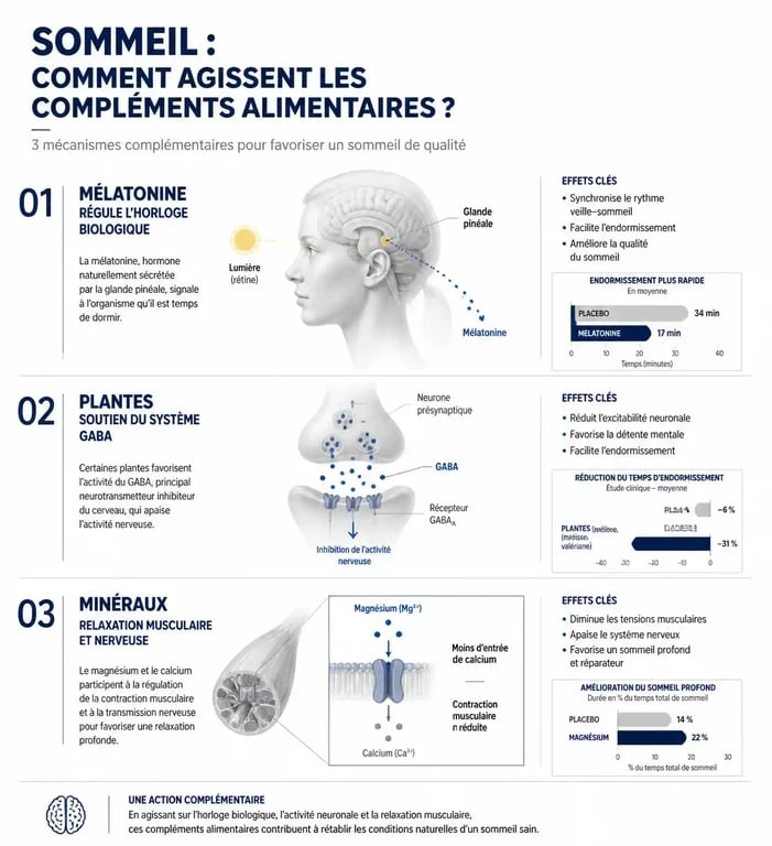 Infographie des mécanismes d'action des compléments alimentaires pour dormir : mélatonine, plantes et minéraux