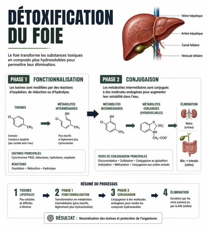 Schéma explicatif du processus de détoxification du foie par des jus détox naturels