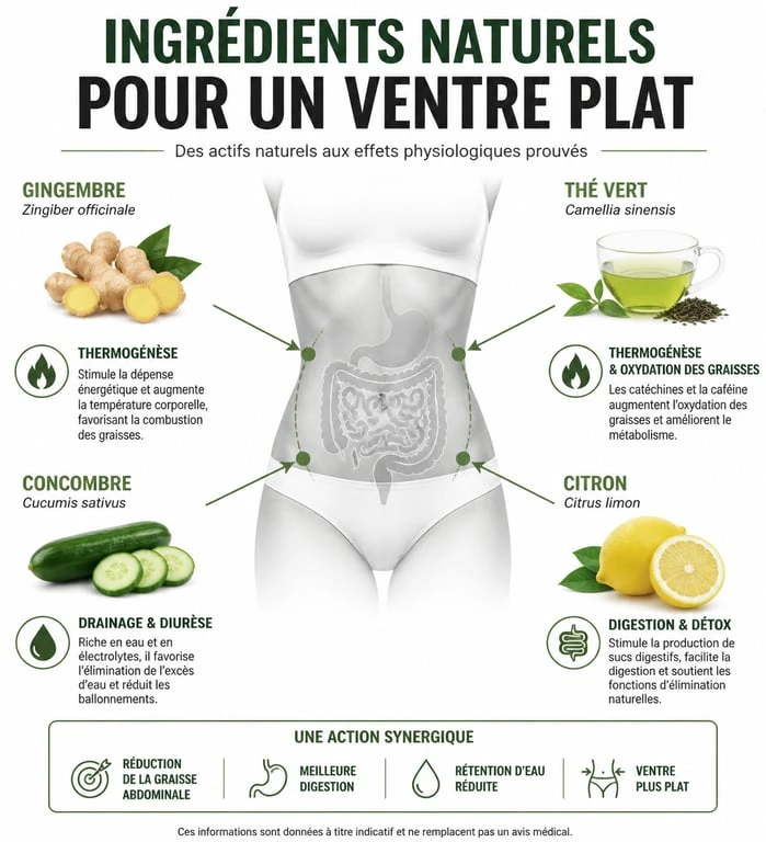 Infographie des bienfaits des ingrédients naturels pour une boisson pour ventre plat et leur action sur le métabolisme.