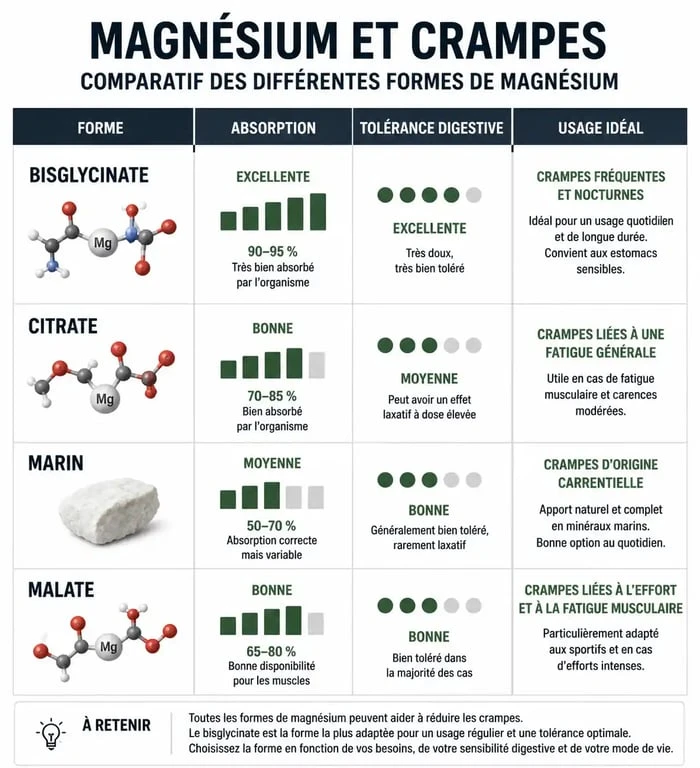 Tableau comparatif des formes de magnésium pour soulager les crampes musculaires