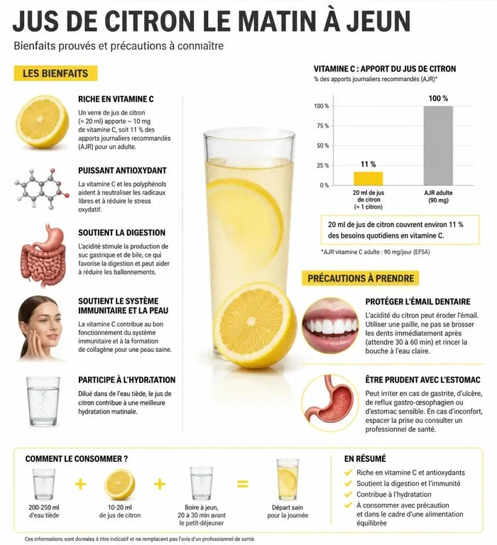 Infographie sur les bienfaits et précautions du jus de citron le matin à jeun