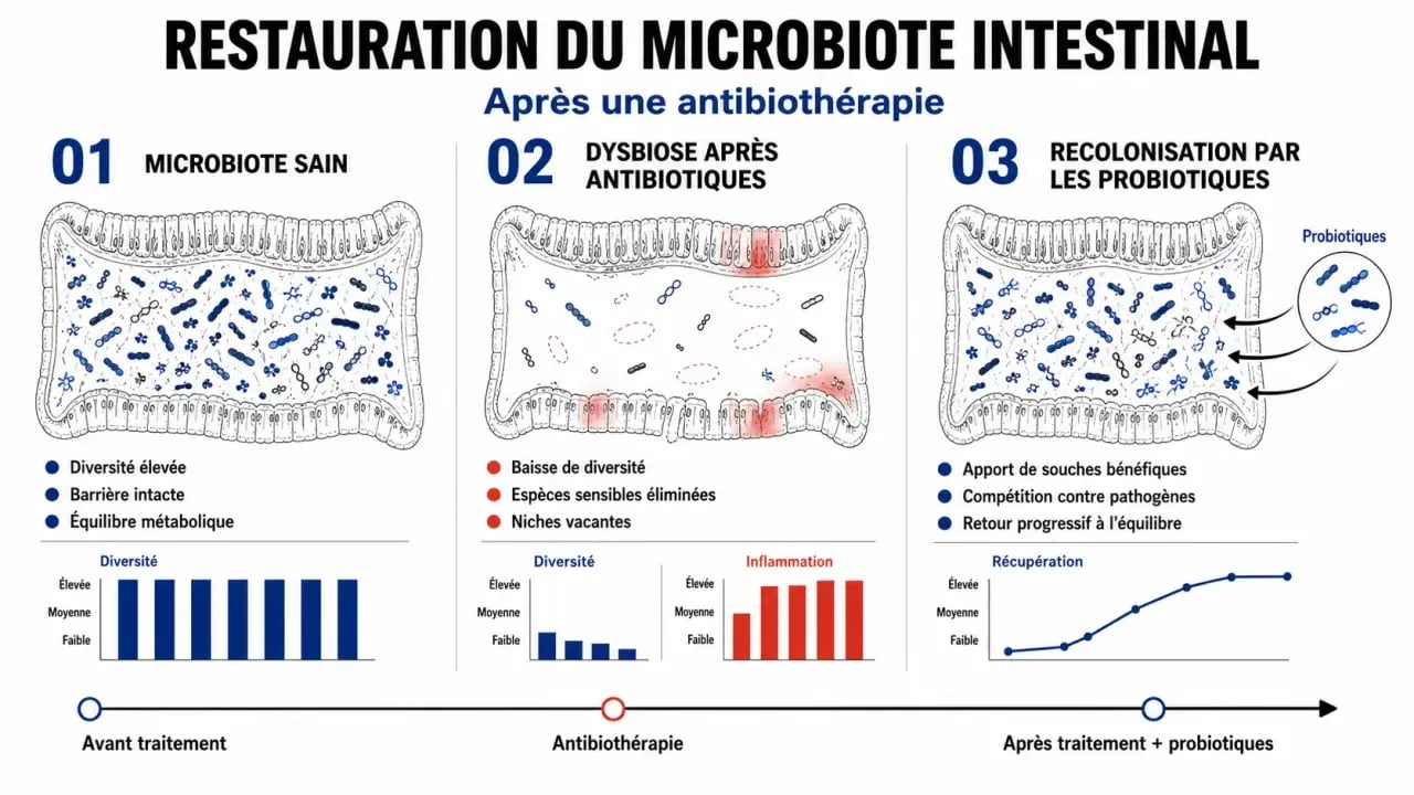 Infographie expliquant le mécanisme des probiotiques apres antibio pour restaurer la flore intestinale