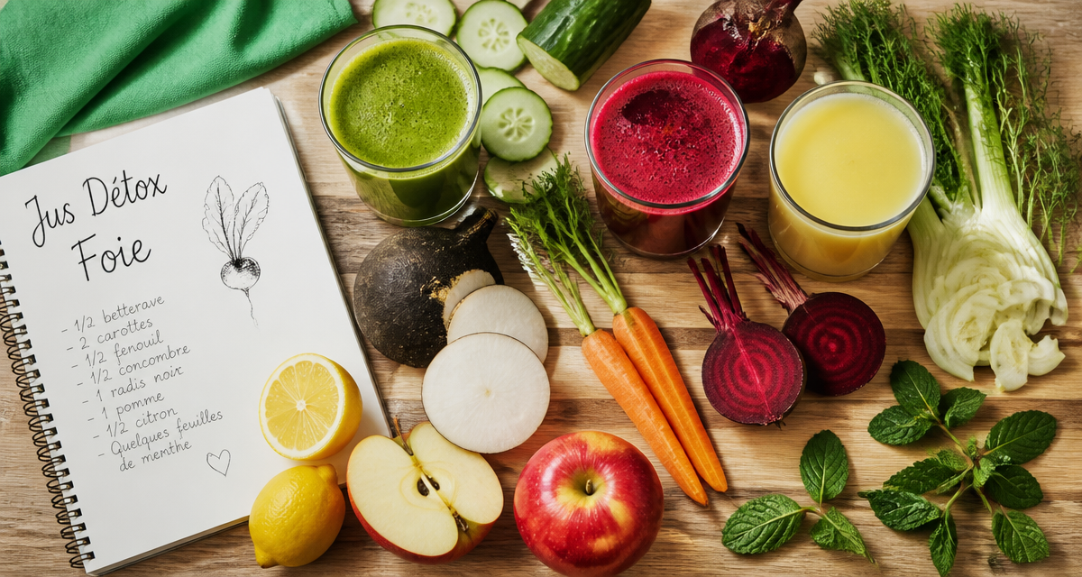 jus detox pour le foie avec verres et légumes