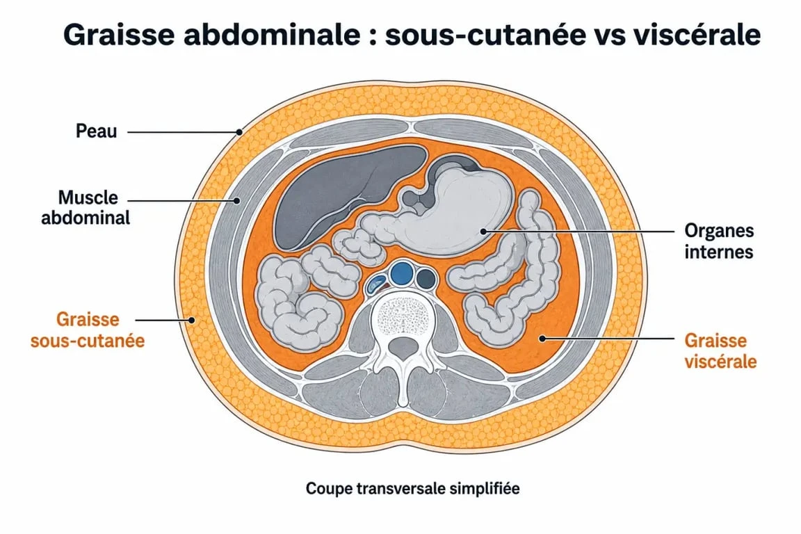 Schéma illustrant la localisation de la graisse viscérale autour des organes abdominaux pour mieux comprendre comment perdre la graisse viscérale.