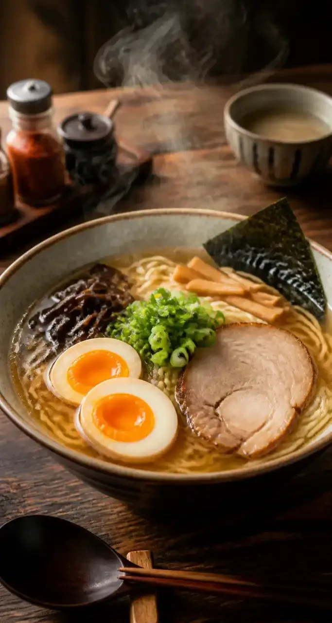 Bol de ramen japonais fumant en gros plan