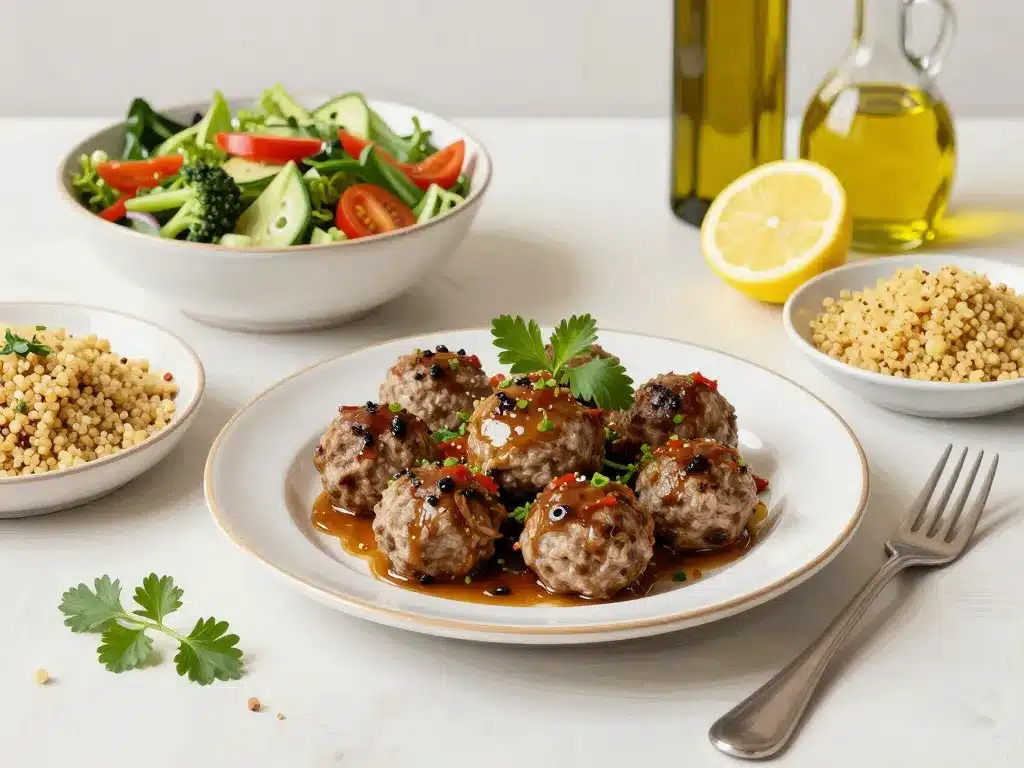 accompagnement boulette de viande léger avec salade légumes quinoa