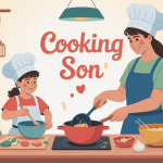 cooking son parent et enfant cuisinent ensemble illustration