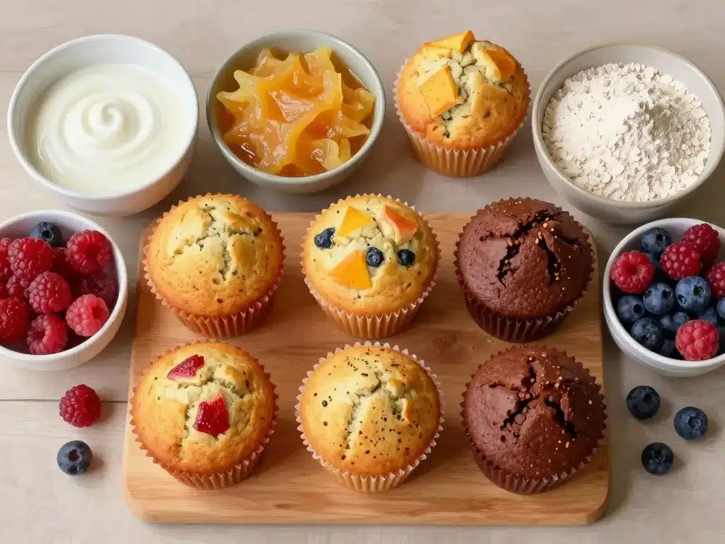 Muffins légers variés avec ingrédients sains autour