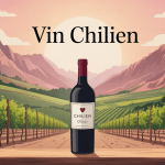 illustration vignoble chilien avec andes et bouteille de vin chilien