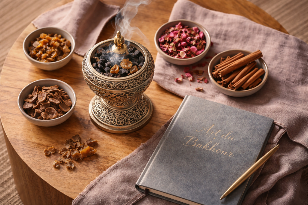 bakhour artisanal, brûleur mabkhara et ingrédients sur table