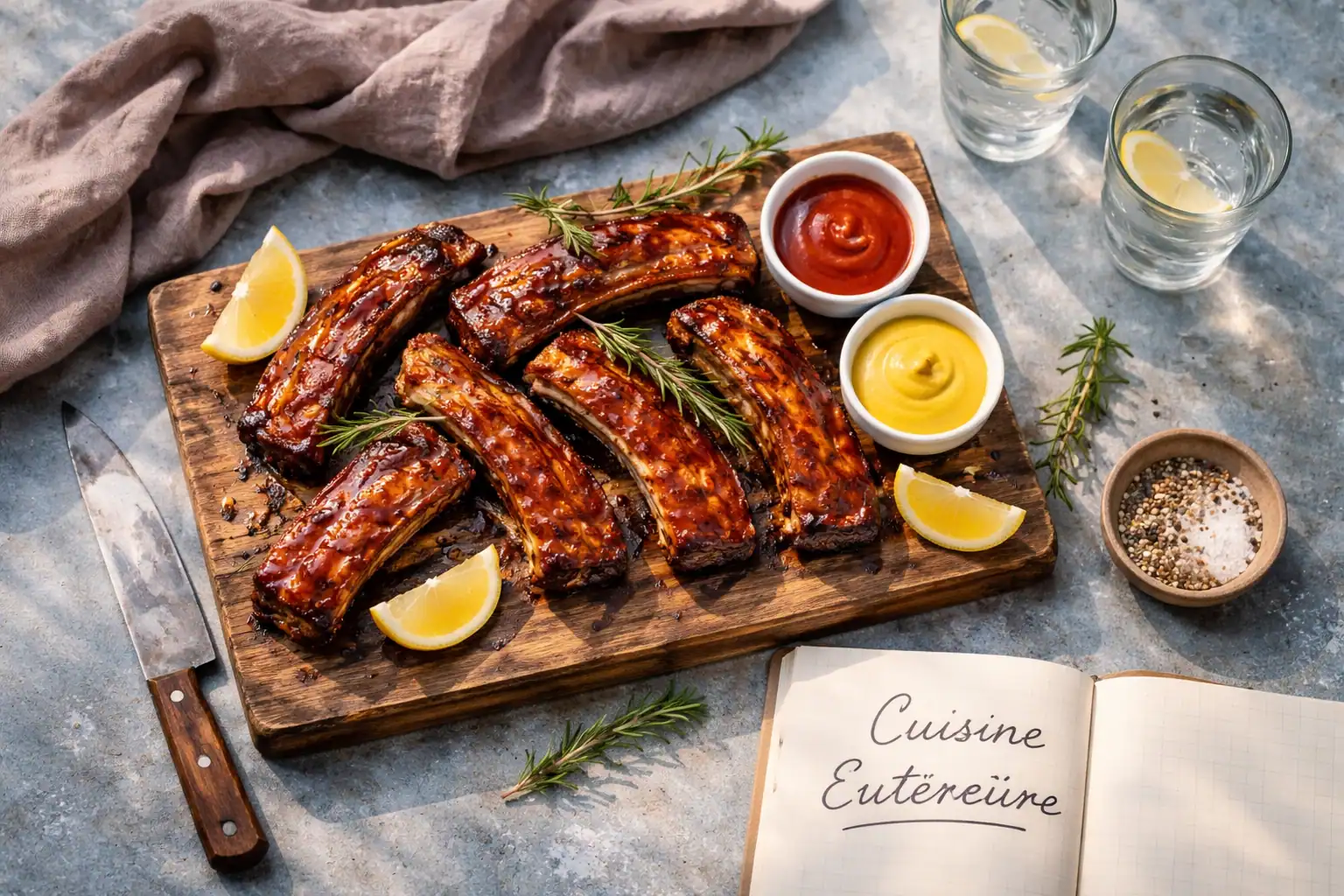 Barbecue cuisine extérieure travers de porc planche bois