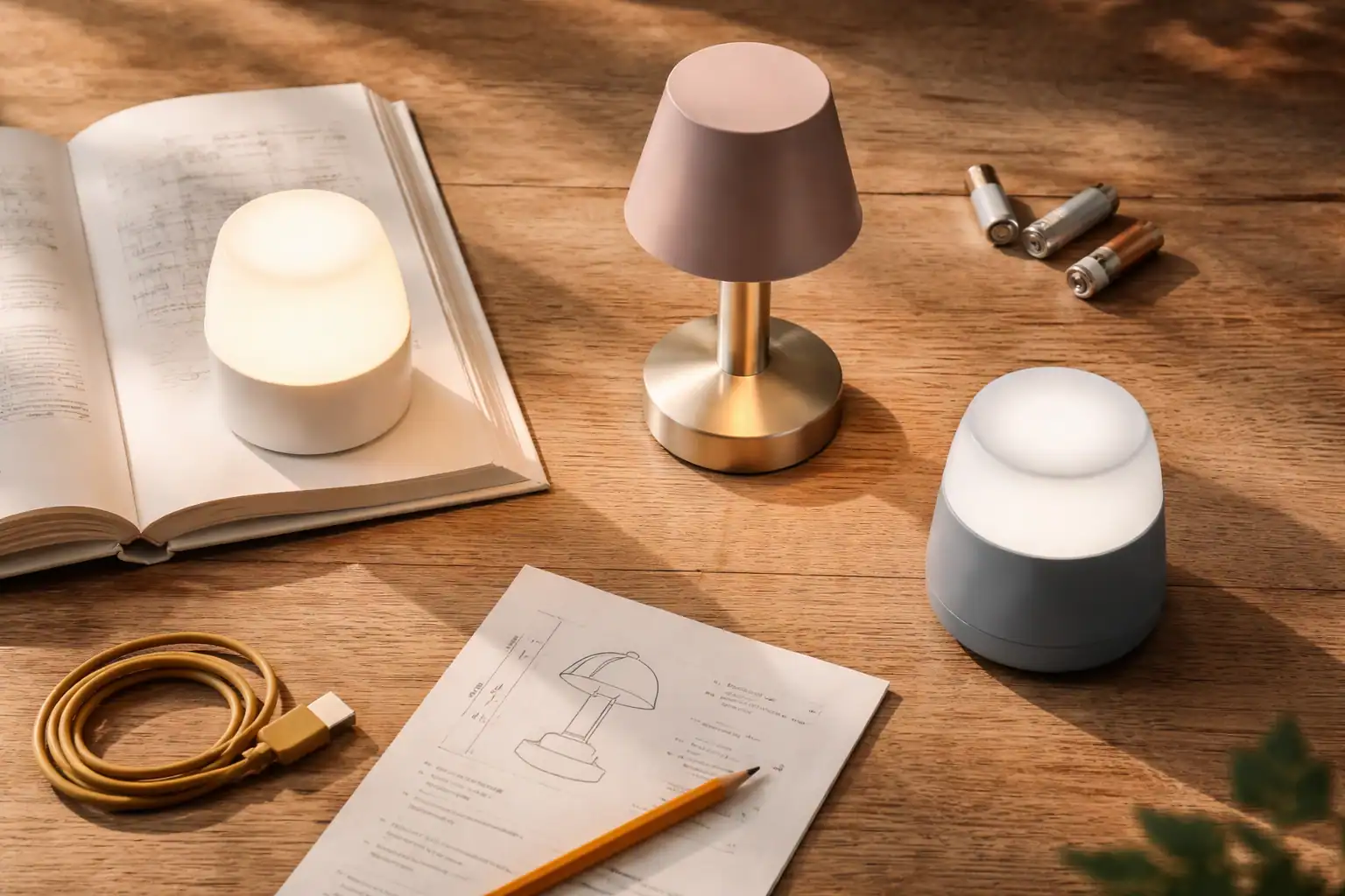 Lampe à pile LED et accessoires sur table